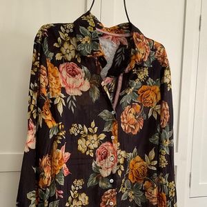 SUNDANCE FLORAL ROSE  CIÑO TOP BLOUSE SHIRT LARGE BROWN NEW